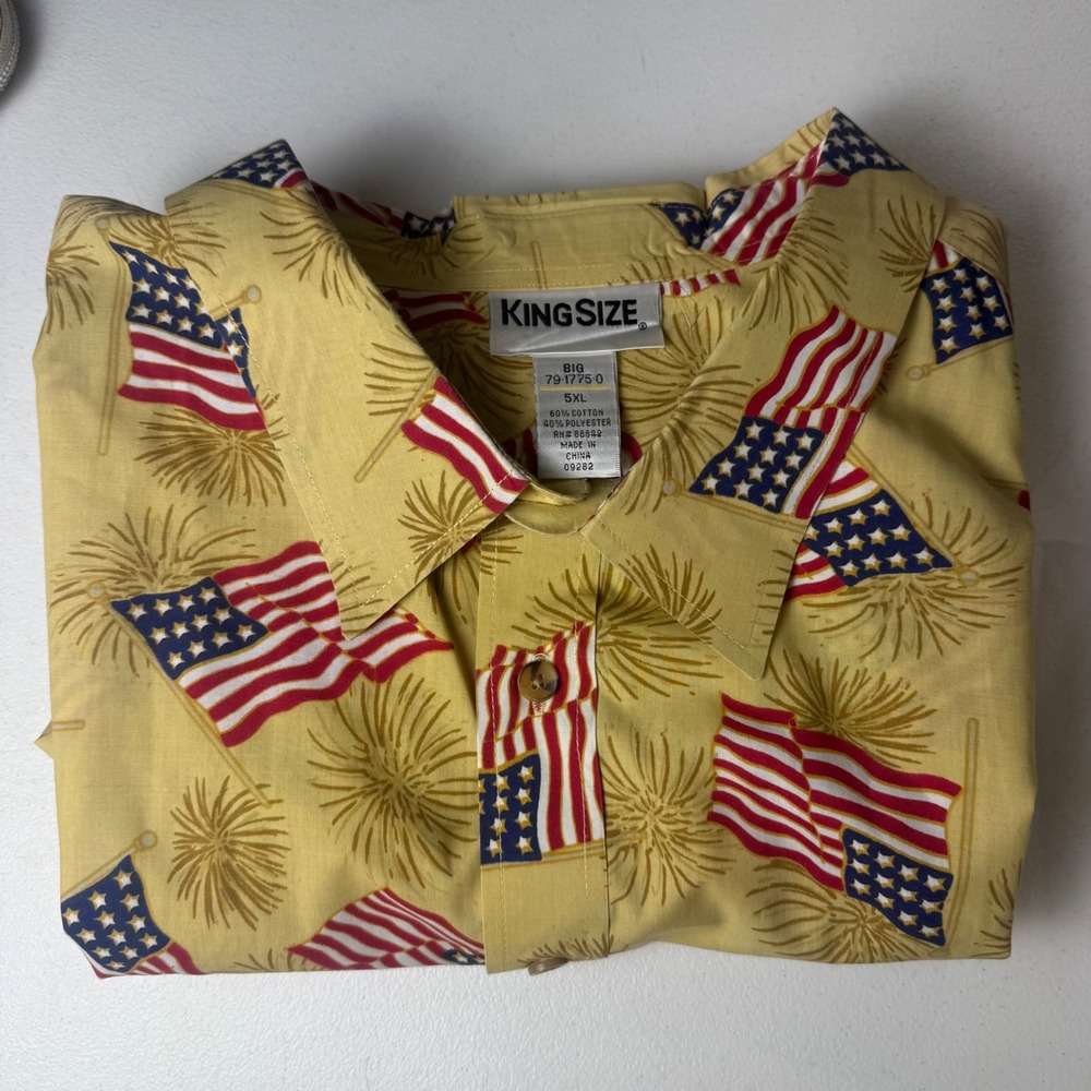 KingSize Mens 5XL American Flag Fireworks Patriotic Button Down Shirt July 4th
